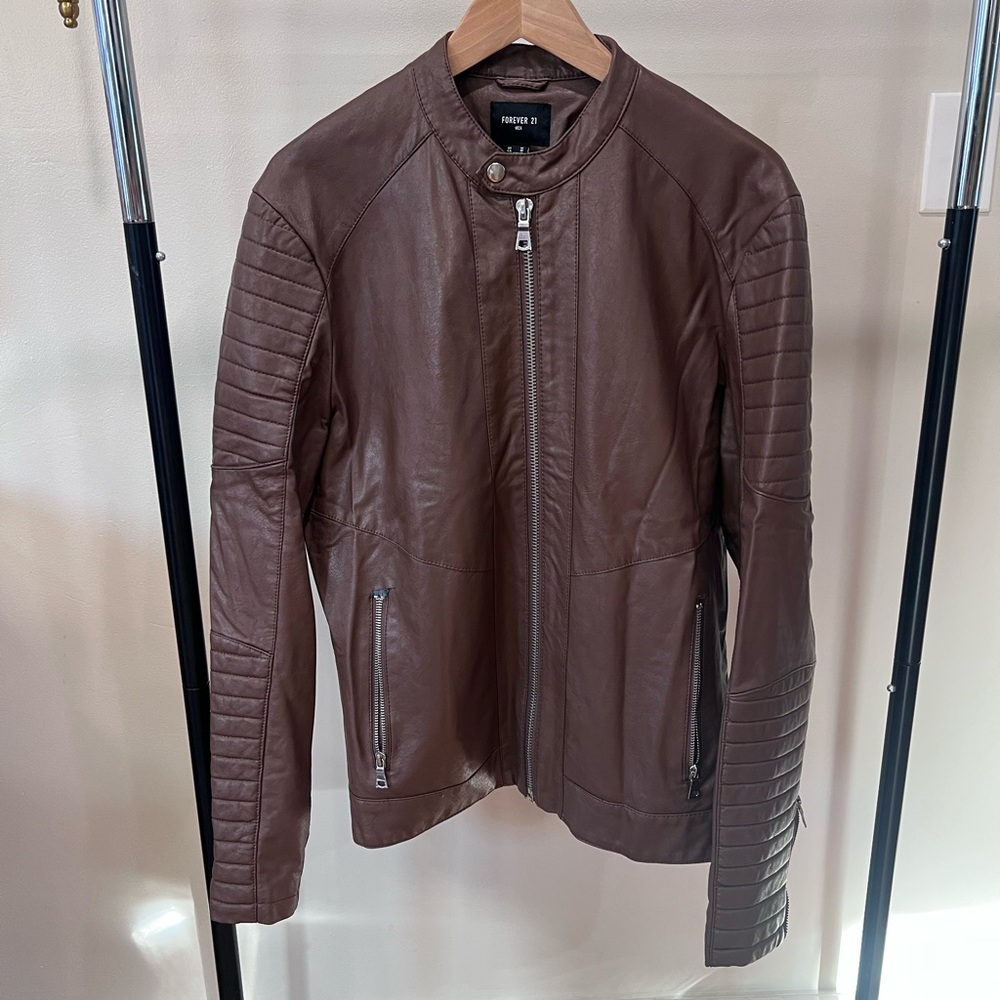 Forever 21 Men's Brown Quilted-Sleeve Bomber Jacket